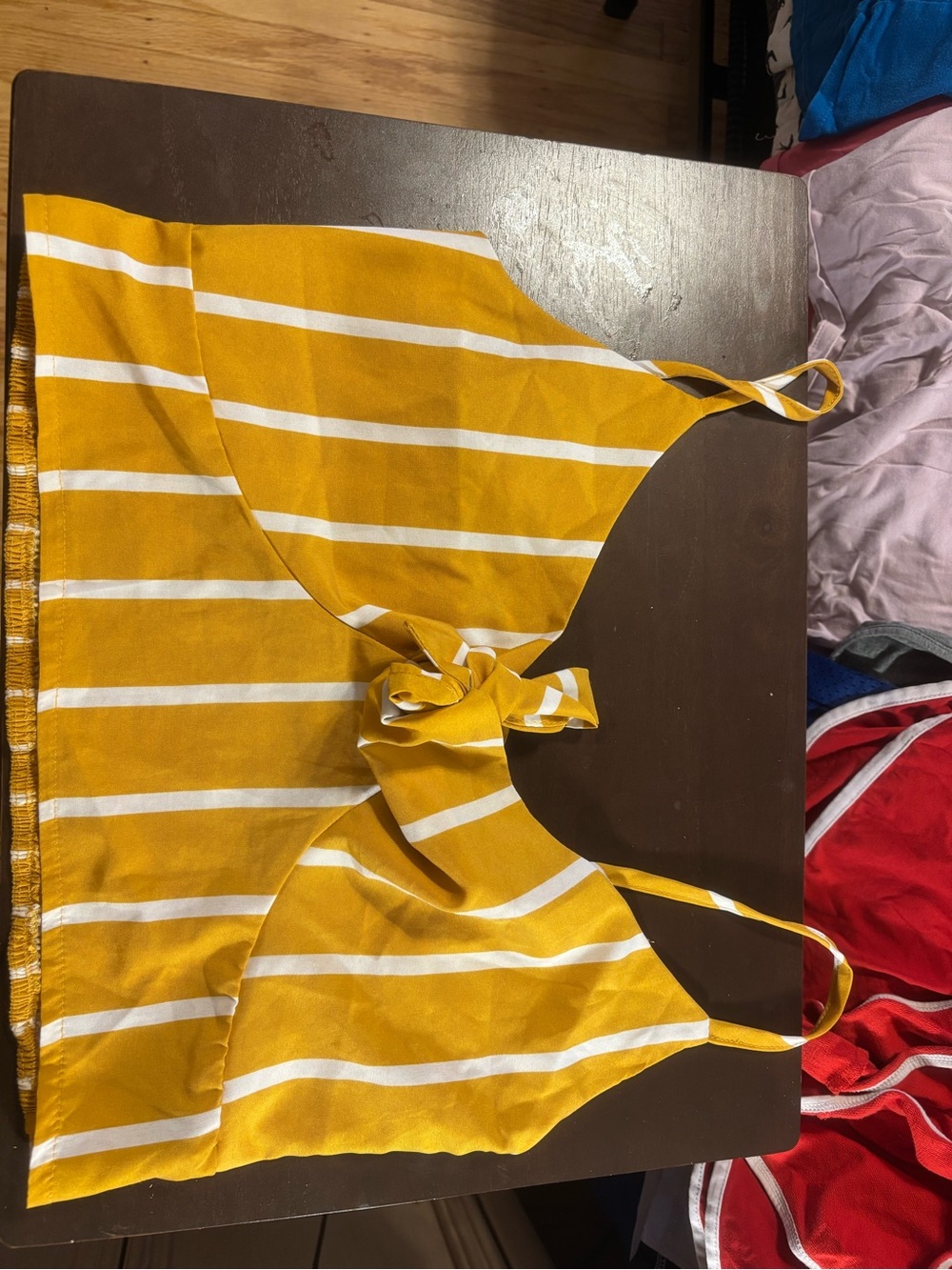 SHEIN Mustard Yellow & White Striped Smocked Tie-Front Cami Top XL